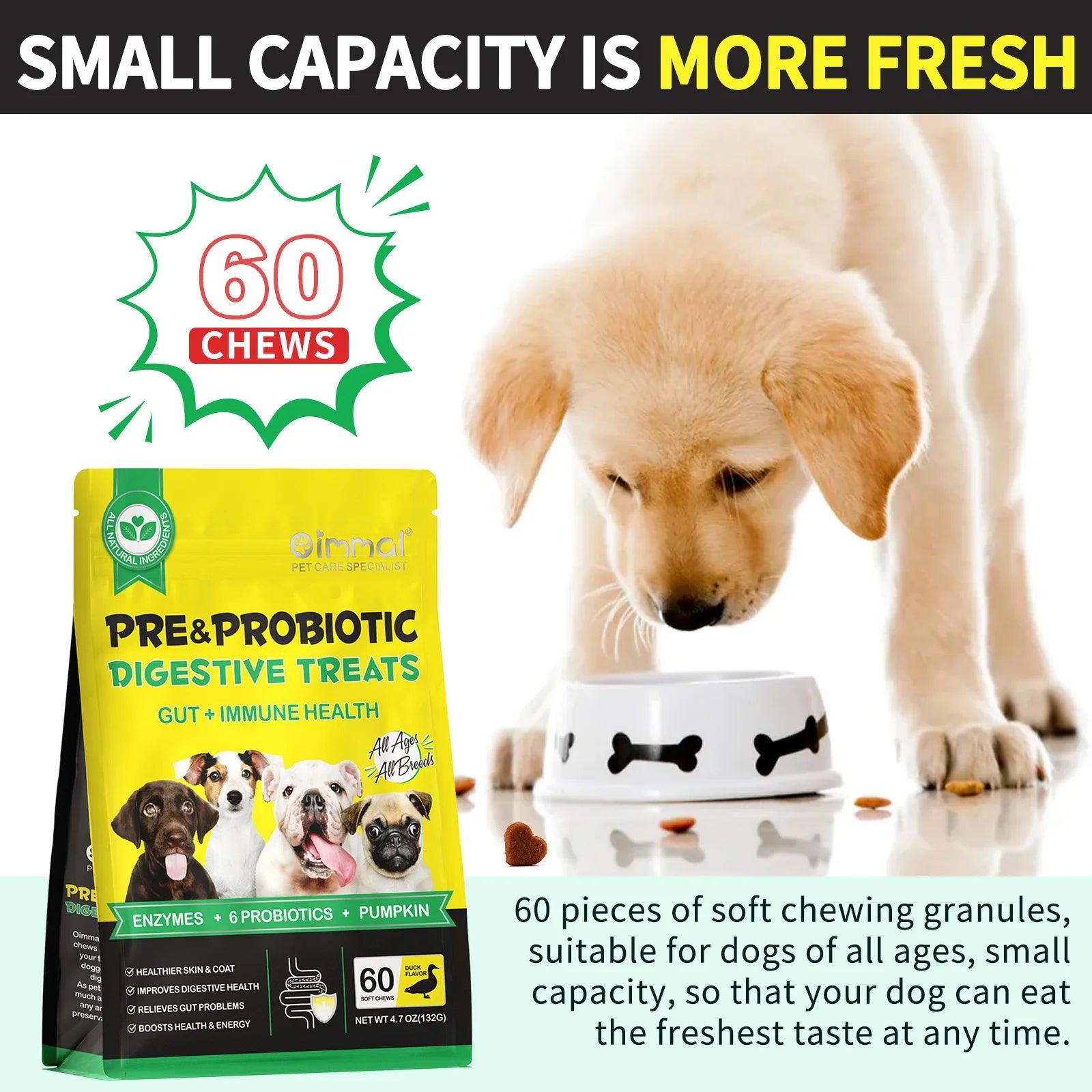 Pre Probiotics for Dogs Support Gut Health Itchy Skin Allergies Yeast Balance Immunity Probiotics and Digestive Enzymes 60 Chews